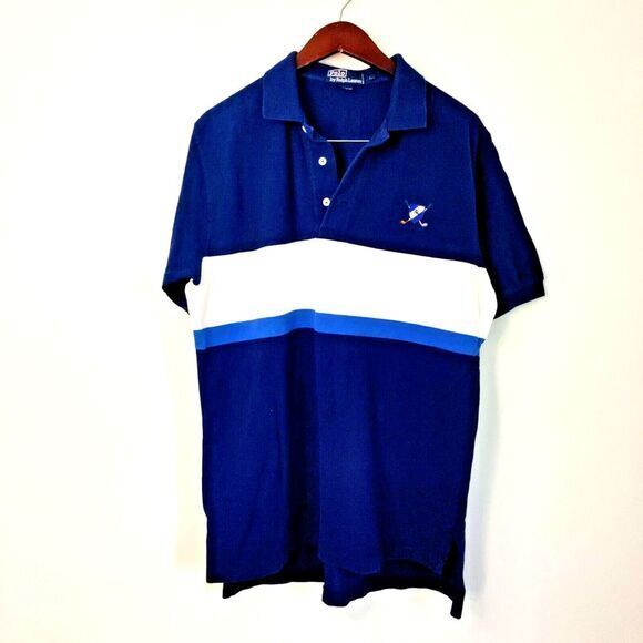 Ralph Lauren Polo Vintage Men L Blue Striped 1/4 Button Golf Shield Preppy Shirt - Picture 1 of 7